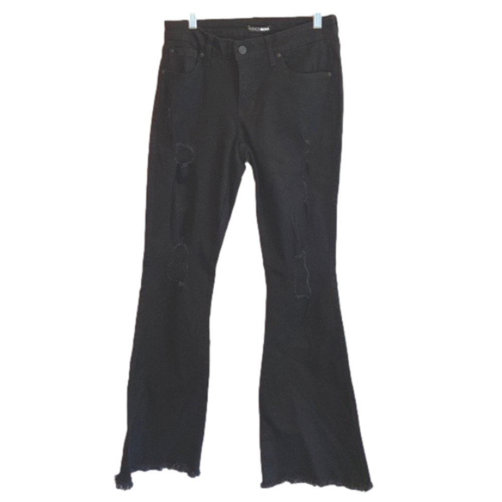 FASHION Nova black bootcut flare mid rise distressed black stretch jeans